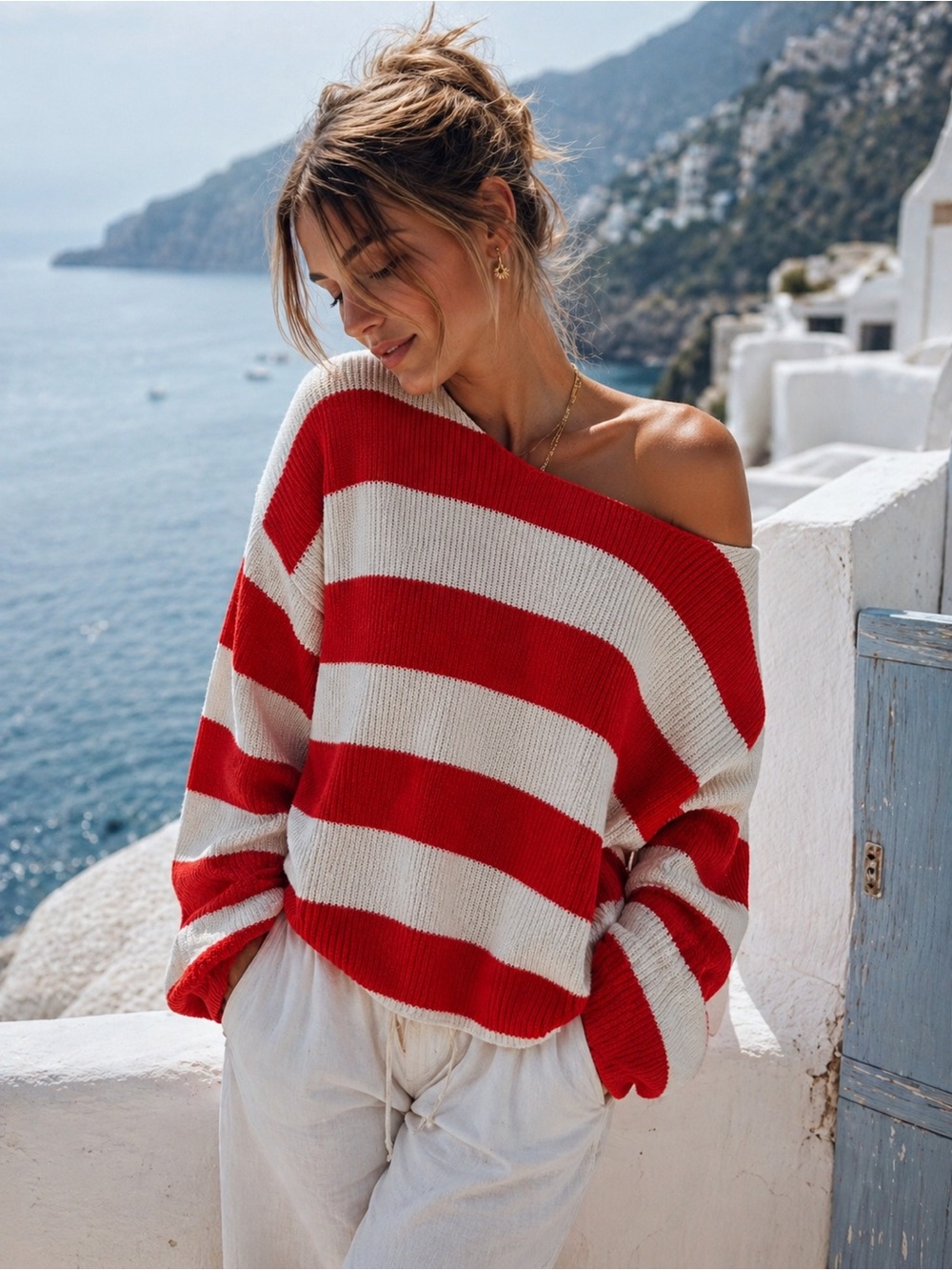 Red and White Striped Crewneck Sweater
